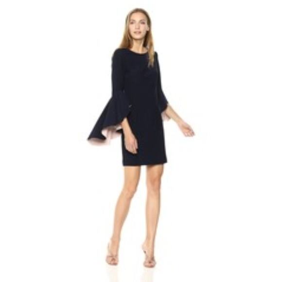 NWT Nicole Miller Mini Sheath Dress Navy Blue & Pink Bell Sleeve Career Size 8 - Picture 1 of 9